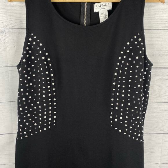 Carmen Marc Valvo Size Large LBD Black Studded Sleeveless Party Dress Stretch - Picture 4 of 8